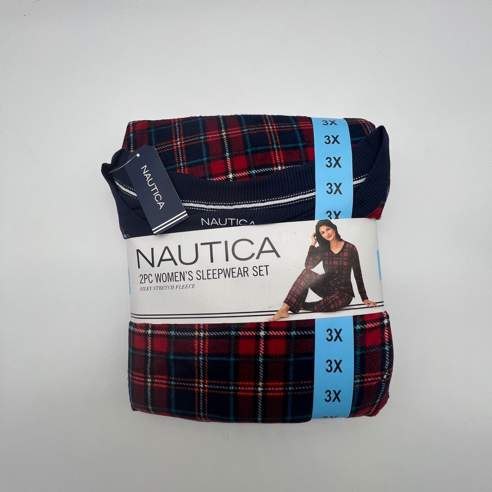 Nautica Womens 2PC Pajama Set 3X Red Navy Plaid Silky Stretch Fleece 1415795